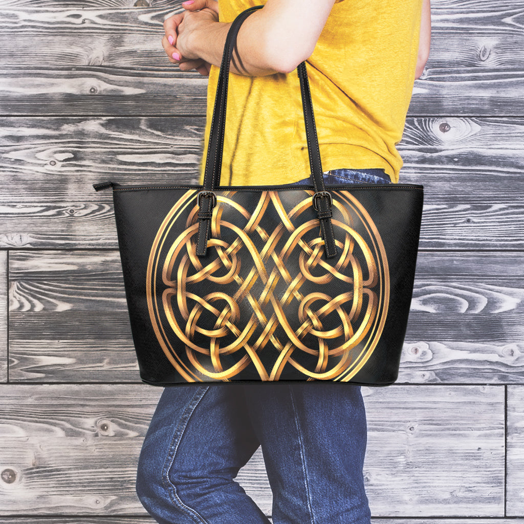 Golden Celtic Knot Print Leather Tote Bag