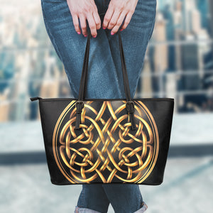 Golden Celtic Knot Print Leather Tote Bag