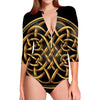 Golden Celtic Knot Print Long Sleeve Swimsuit