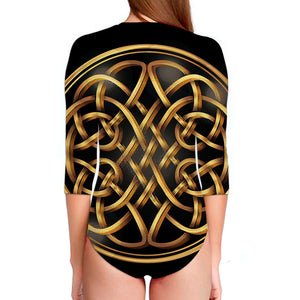 Golden Celtic Knot Print Long Sleeve Swimsuit