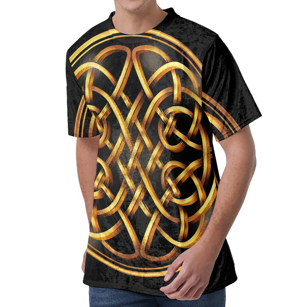 Golden Celtic Knot Print Men's Velvet T-Shirt