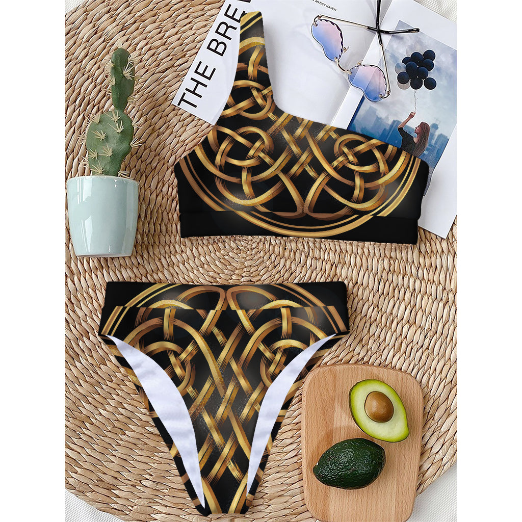 Golden Celtic Knot Print One Shoulder Bikini Top