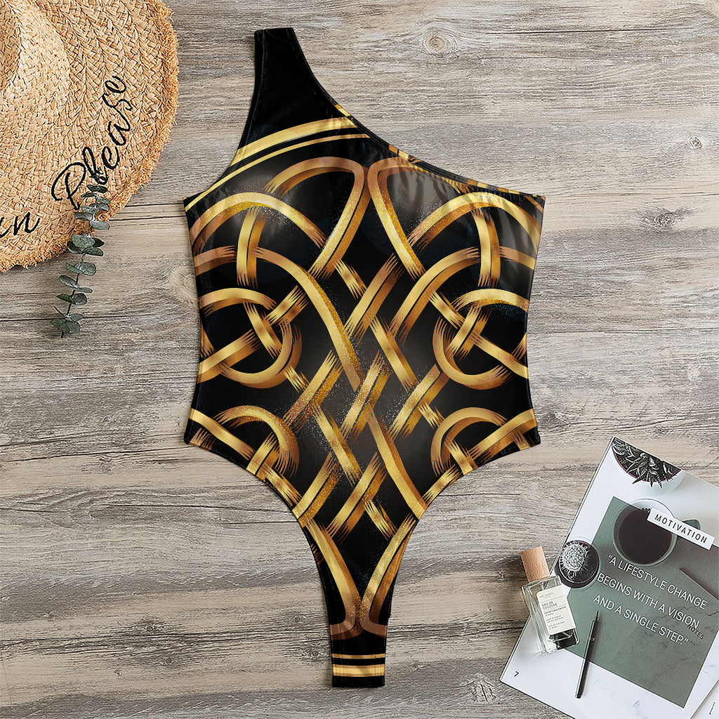 Golden Celtic Knot Print One Shoulder Bodysuit