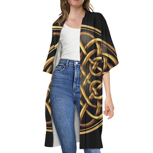 Golden Celtic Knot Print Open Front Beach Cover Up