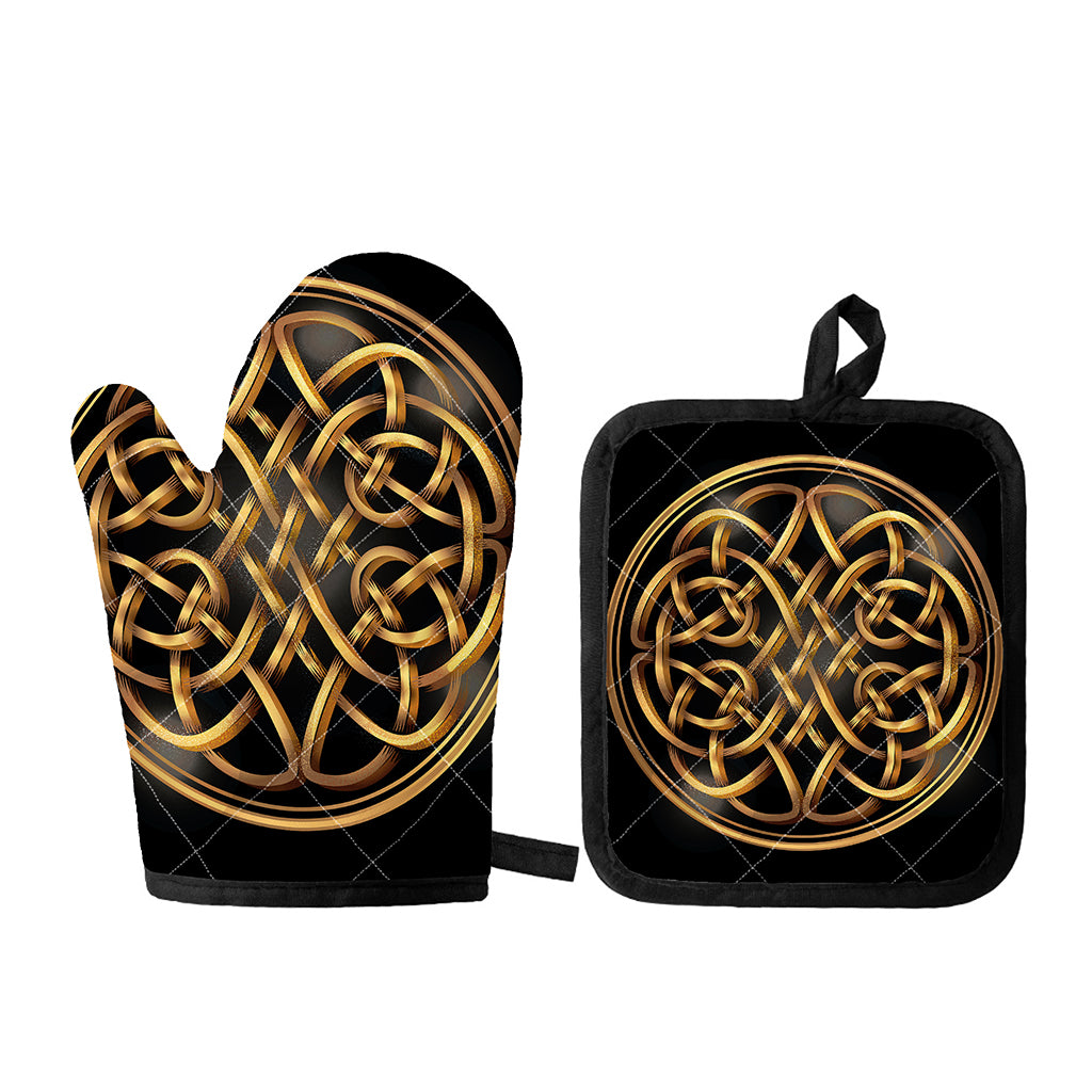 Golden Celtic Knot Print Oven Mitt And Pot Holder Set