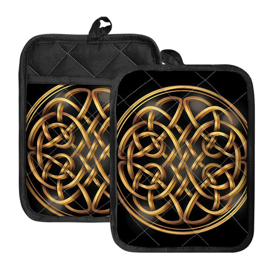 Golden Celtic Knot Print Pot Holders With Pocket