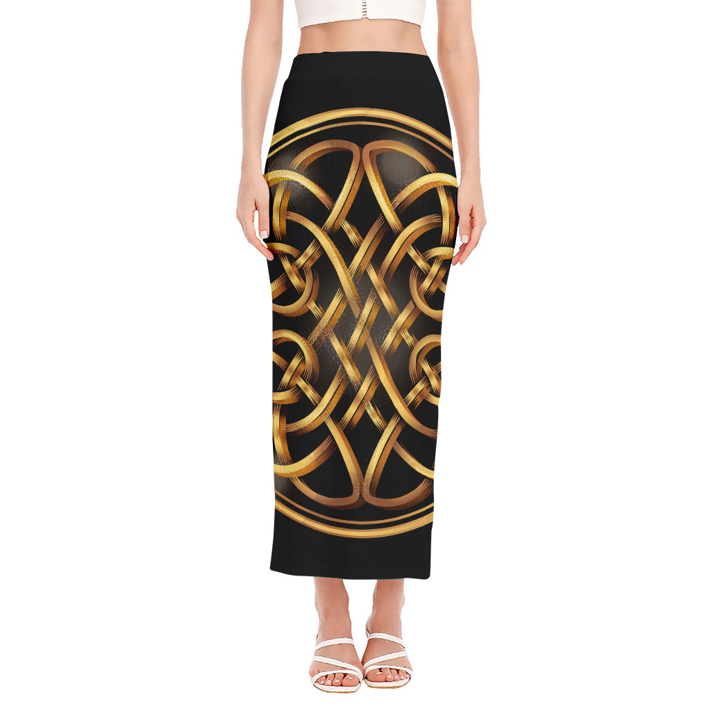 Golden Celtic Knot Print Side Slit Maxi Skirt