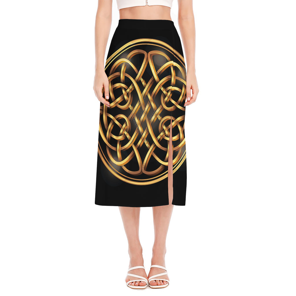 Golden Celtic Knot Print Side Slit Midi Skirt