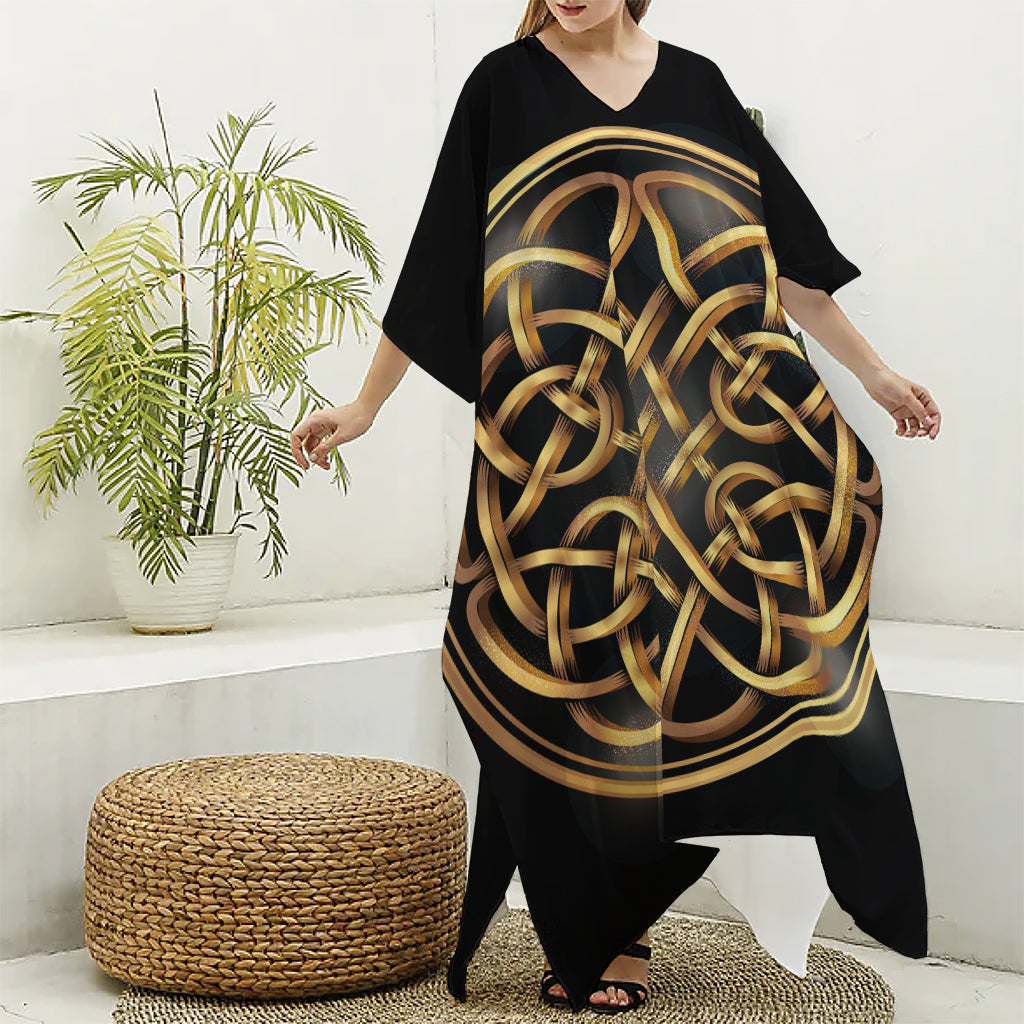 Golden Celtic Knot Print Silk V-Neck Kaftan Dress