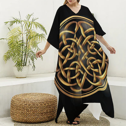 Golden Celtic Knot Print Silk V-Neck Kaftan Dress