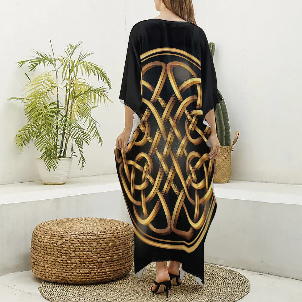 Golden Celtic Knot Print Silk V-Neck Kaftan Dress
