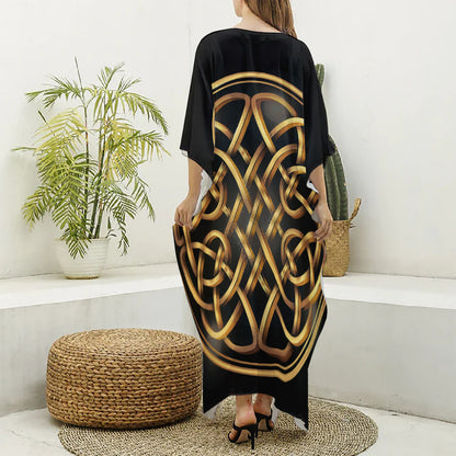 Golden Celtic Knot Print Silk V-Neck Kaftan Dress