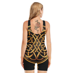 Golden Celtic Knot Print Sleeveless One Piece Swimsuit