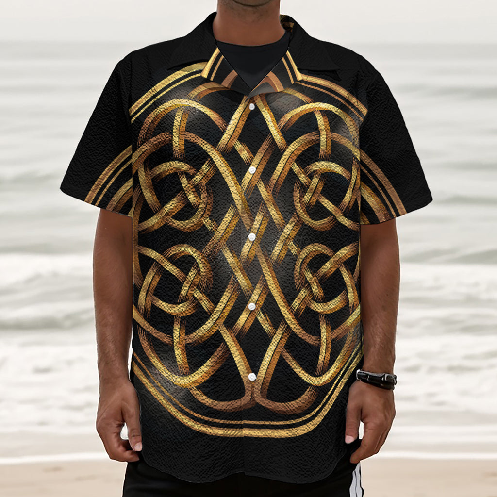 Golden Celtic Knot Print Textured Short Sleeve Shirt