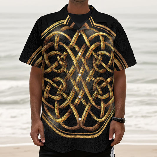 Golden Celtic Knot Print Textured Short Sleeve Shirt