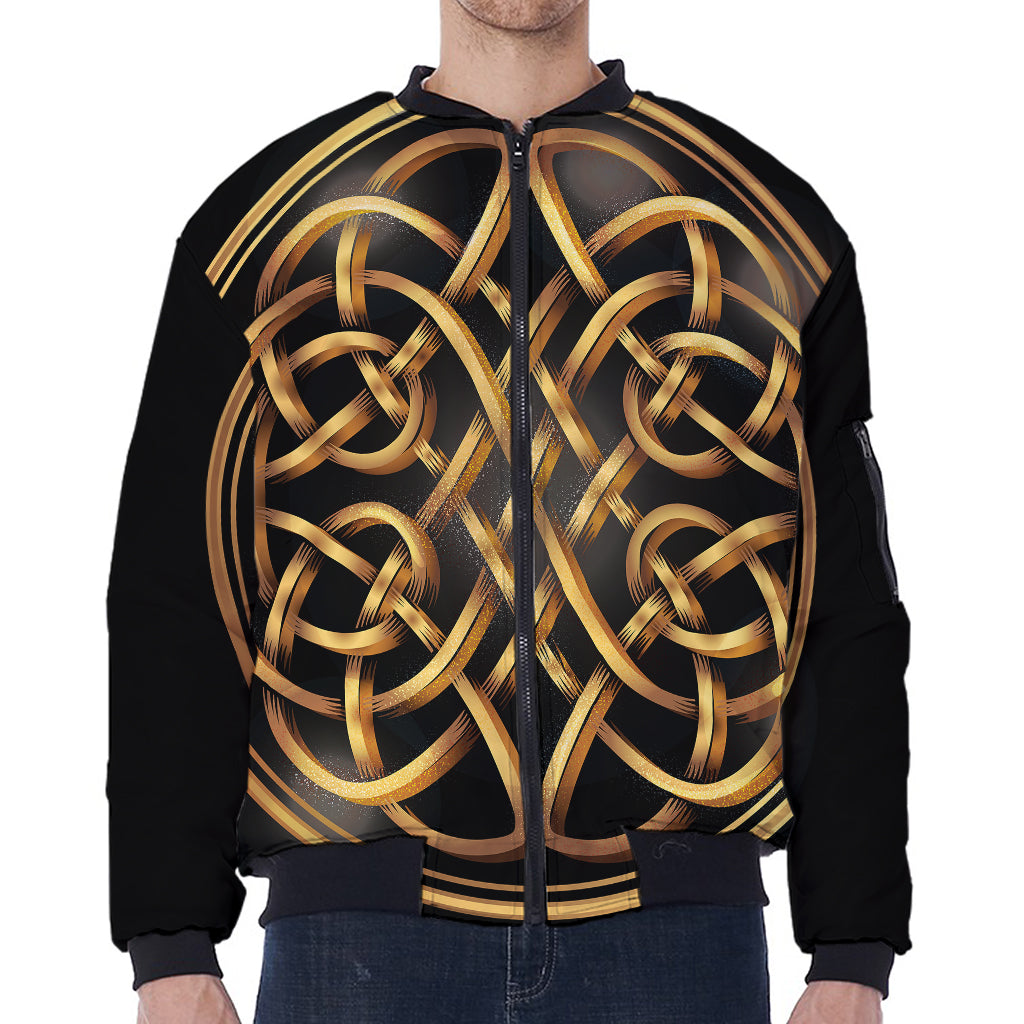 Golden Celtic Knot Print Zip Sleeve Bomber Jacket