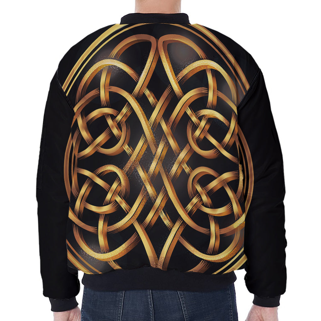 Golden Celtic Knot Print Zip Sleeve Bomber Jacket