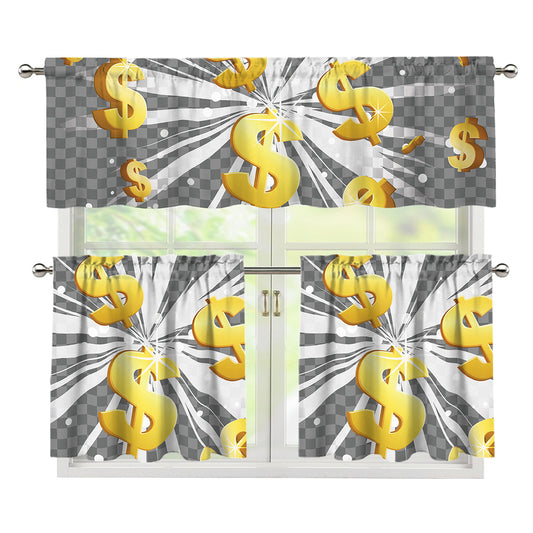 Golden Dollar Sign Explosion Print 3 Piece Kitchen Curtains