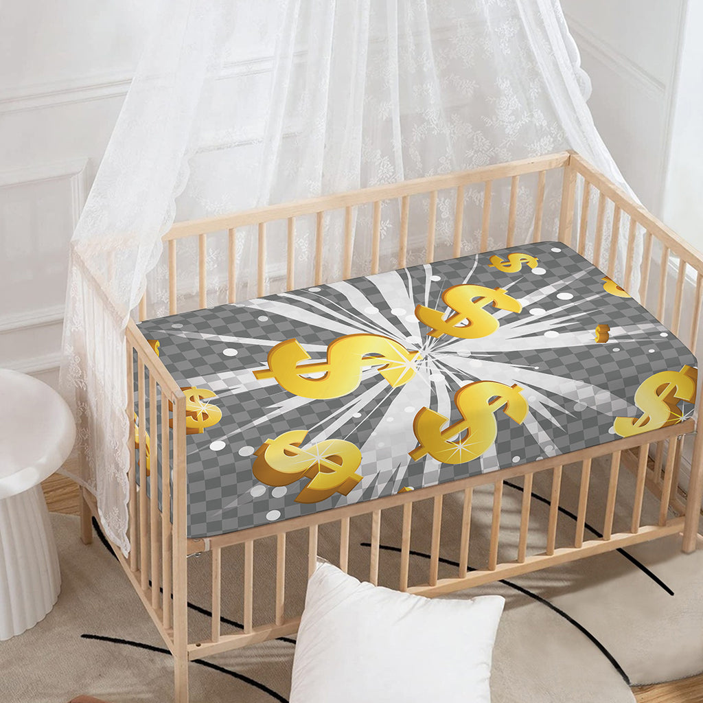 Golden Dollar Sign Explosion Print Baby Crib Sheet