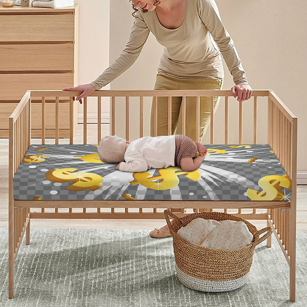 Golden Dollar Sign Explosion Print Baby Crib Sheet