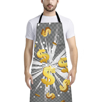 Golden Dollar Sign Explosion Print Bib Apron With Pocket