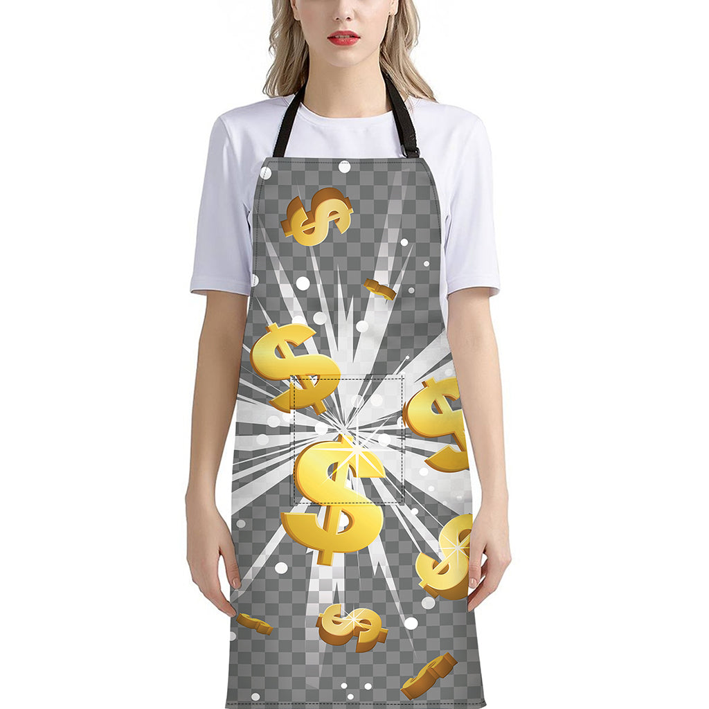 Golden Dollar Sign Explosion Print Bib Apron With Pocket