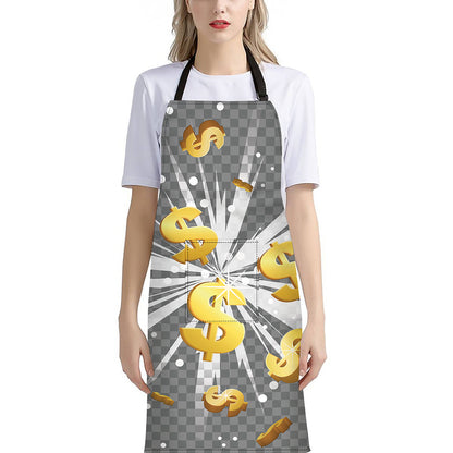 Golden Dollar Sign Explosion Print Bib Apron With Pocket