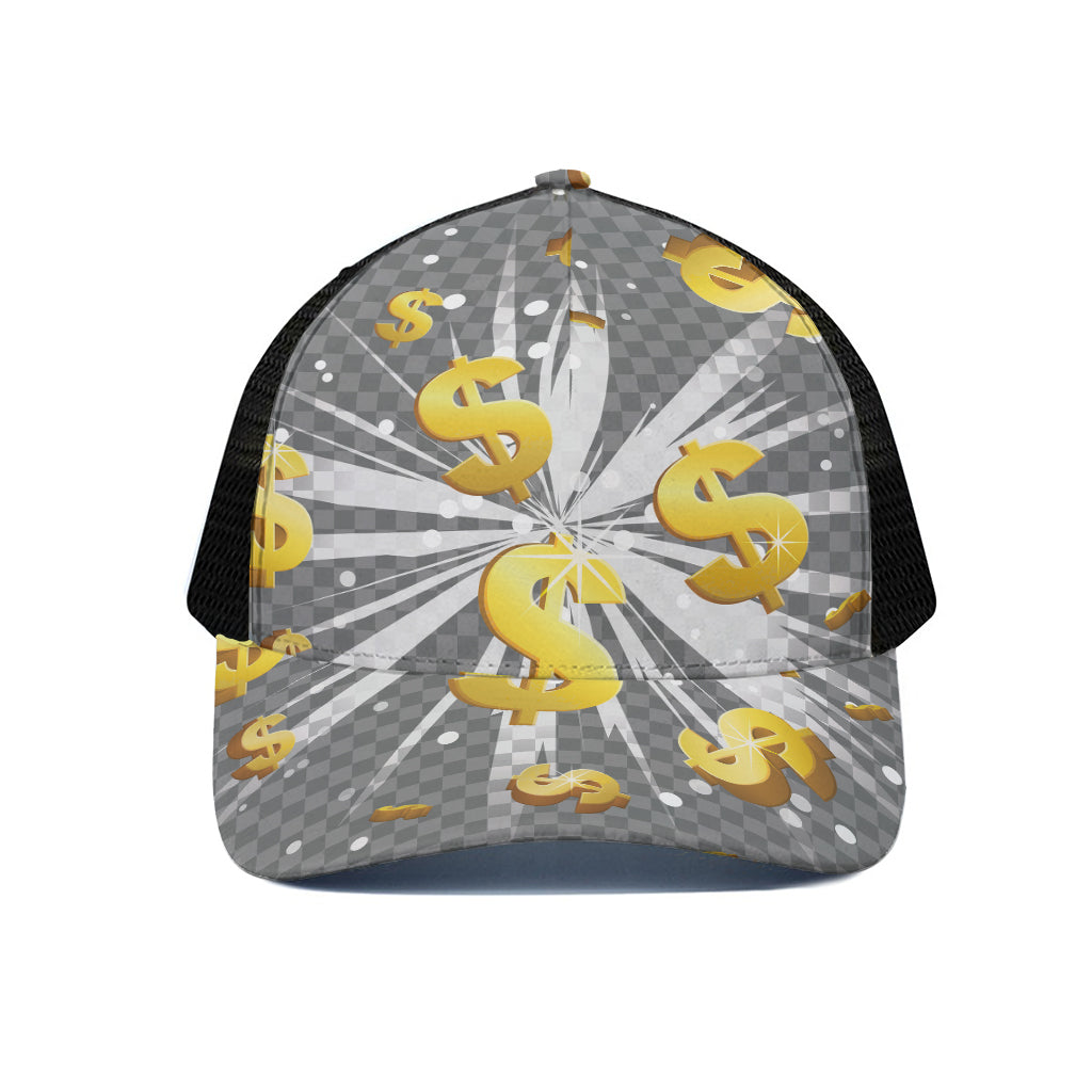 Golden Dollar Sign Explosion Print Black Mesh Trucker Cap