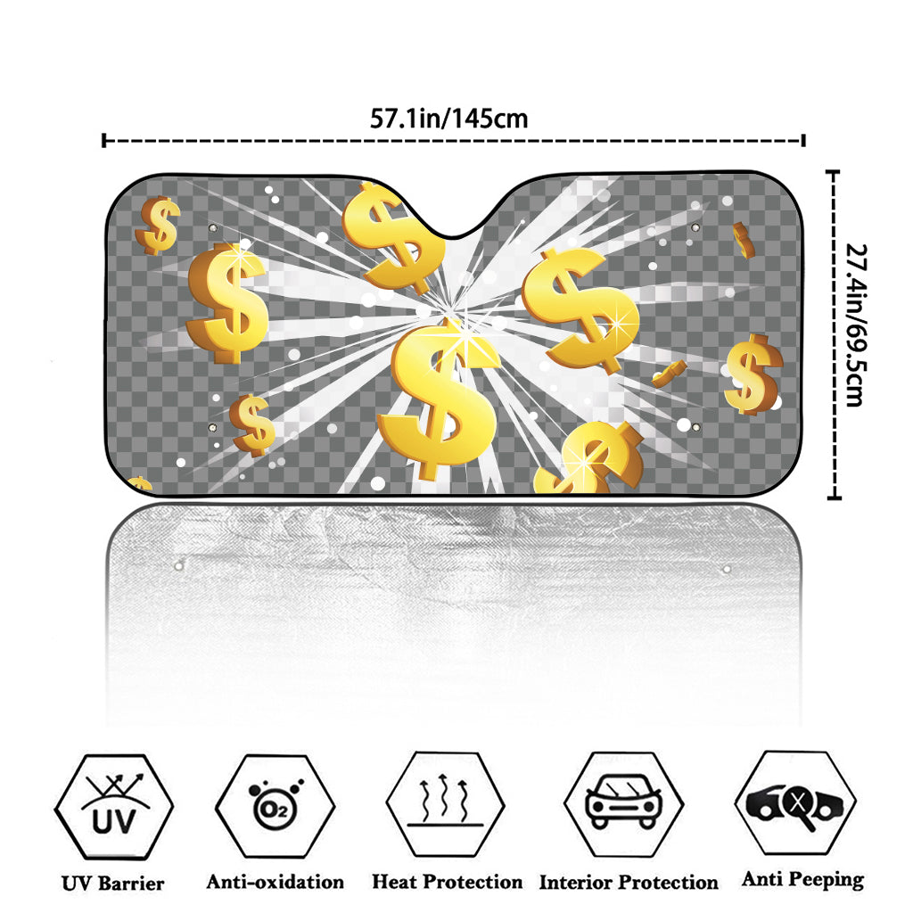 Golden Dollar Sign Explosion Print Car Windshield Sun Shade