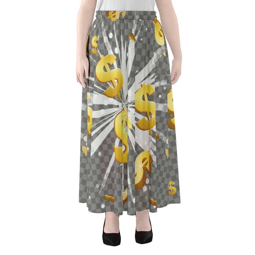 Golden Dollar Sign Explosion Print Chiffon Maxi Skirt