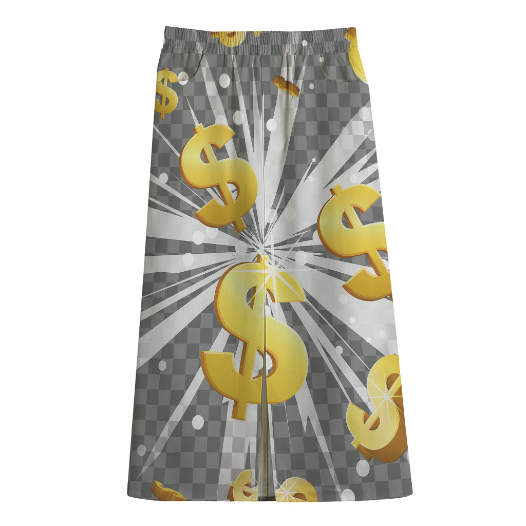 Golden Dollar Sign Explosion Print Cotton Front Slit Maxi Skirt