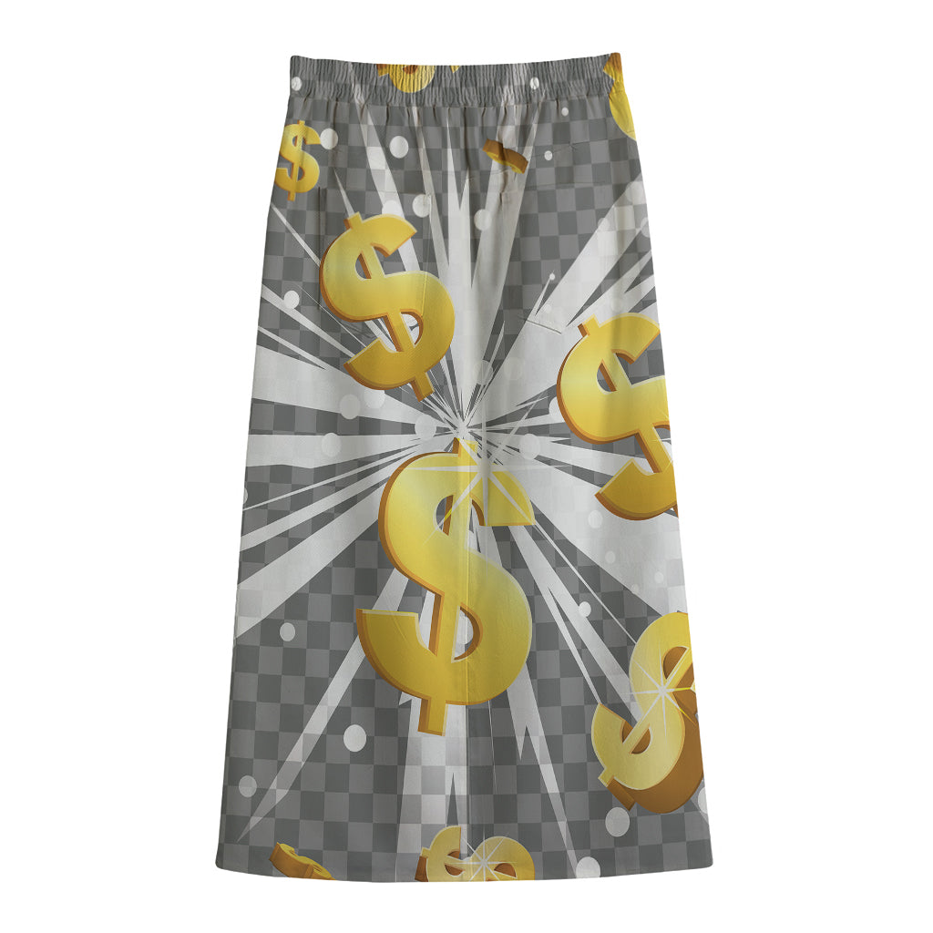 Golden Dollar Sign Explosion Print Cotton Front Slit Maxi Skirt