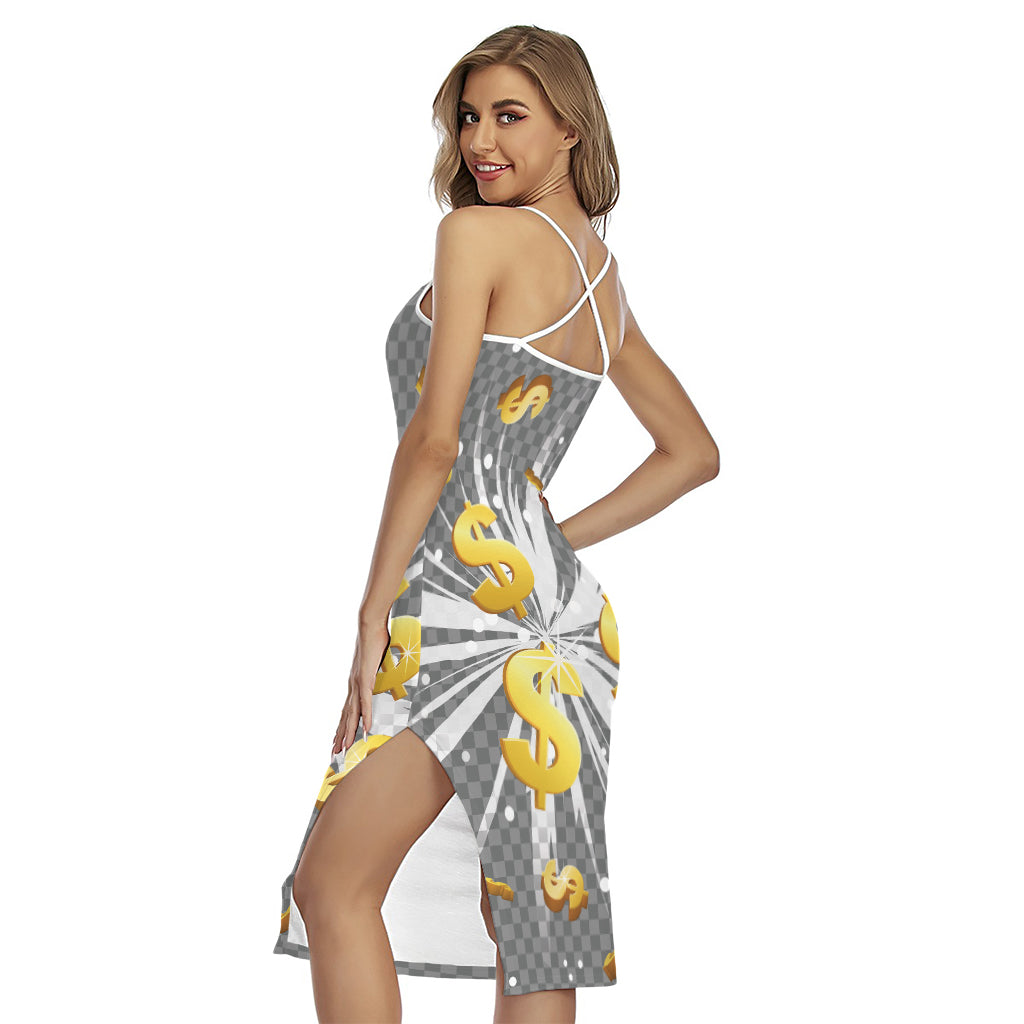 Golden Dollar Sign Explosion Print Cross Back Cami Dress