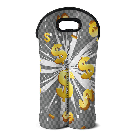 Golden Dollar Sign Explosion Print Double Neoprene Wine Tote