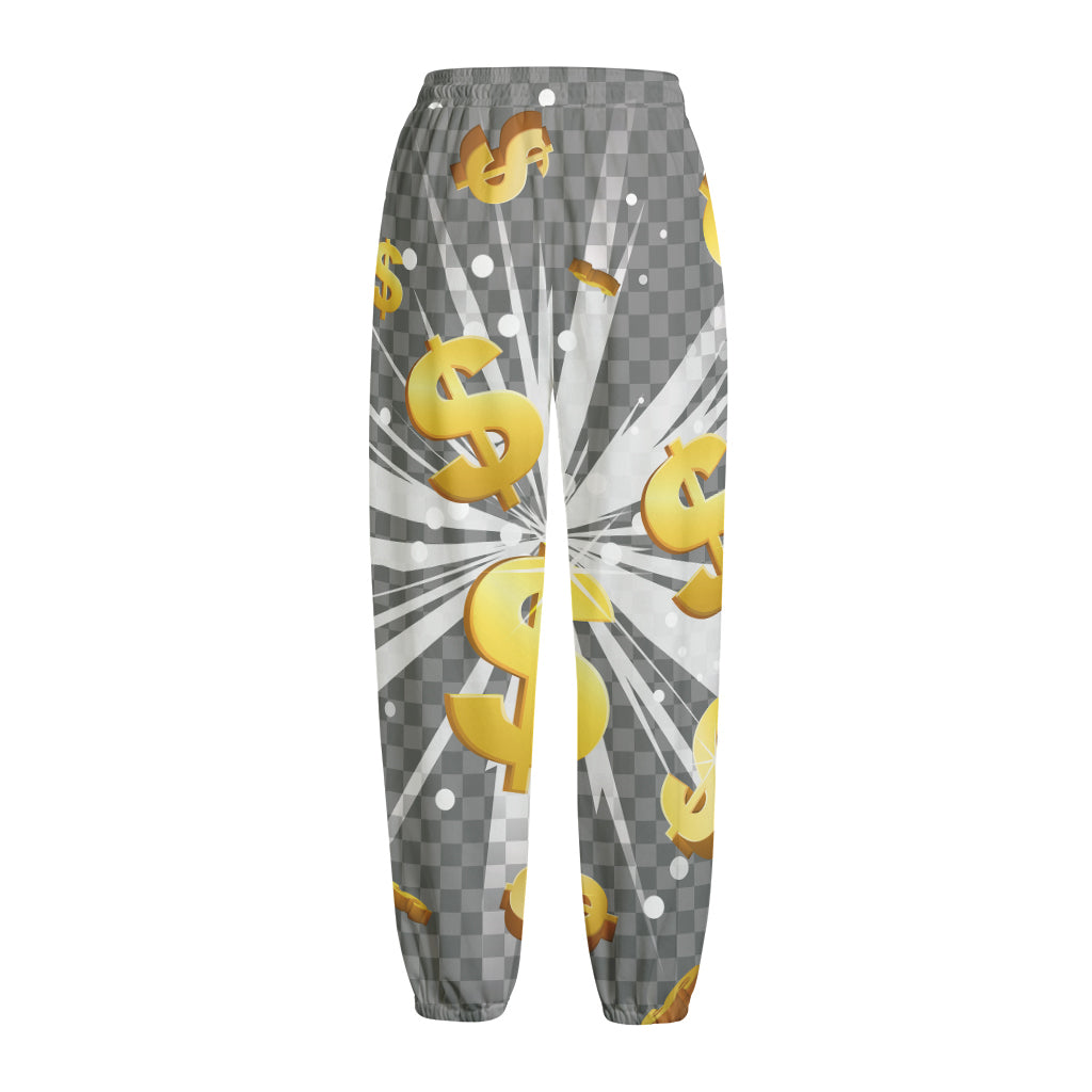 Golden Dollar Sign Explosion Print Fleece Lined Knit Pants