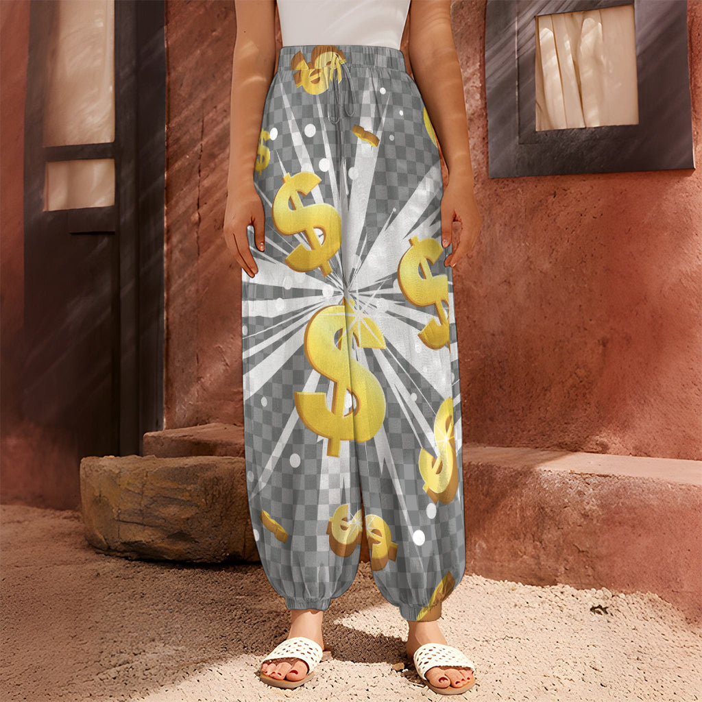 Golden Dollar Sign Explosion Print Harem Pants