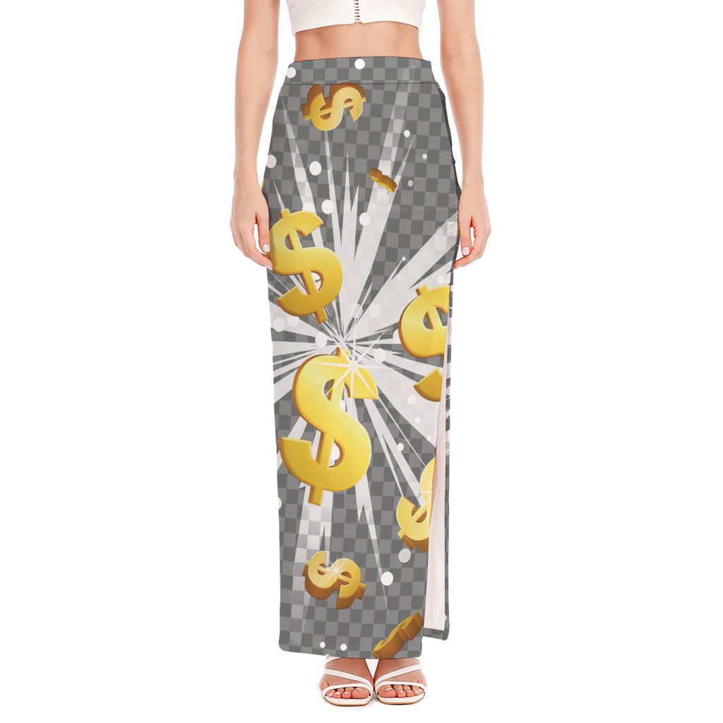 Golden Dollar Sign Explosion Print High Slit Maxi Skirt