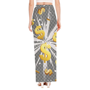 Golden Dollar Sign Explosion Print High Slit Maxi Skirt