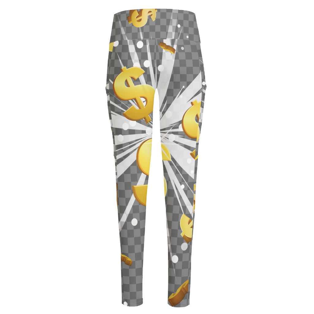 Golden Dollar Sign Explosion Print High-Waisted Pocket Leggings