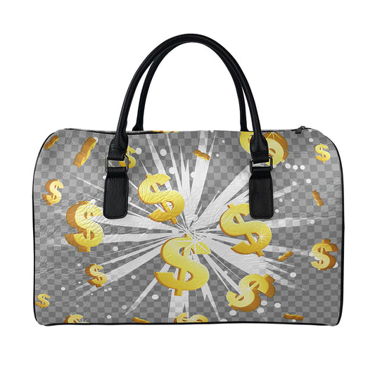 Golden Dollar Sign Explosion Print Leather Duffle Bag