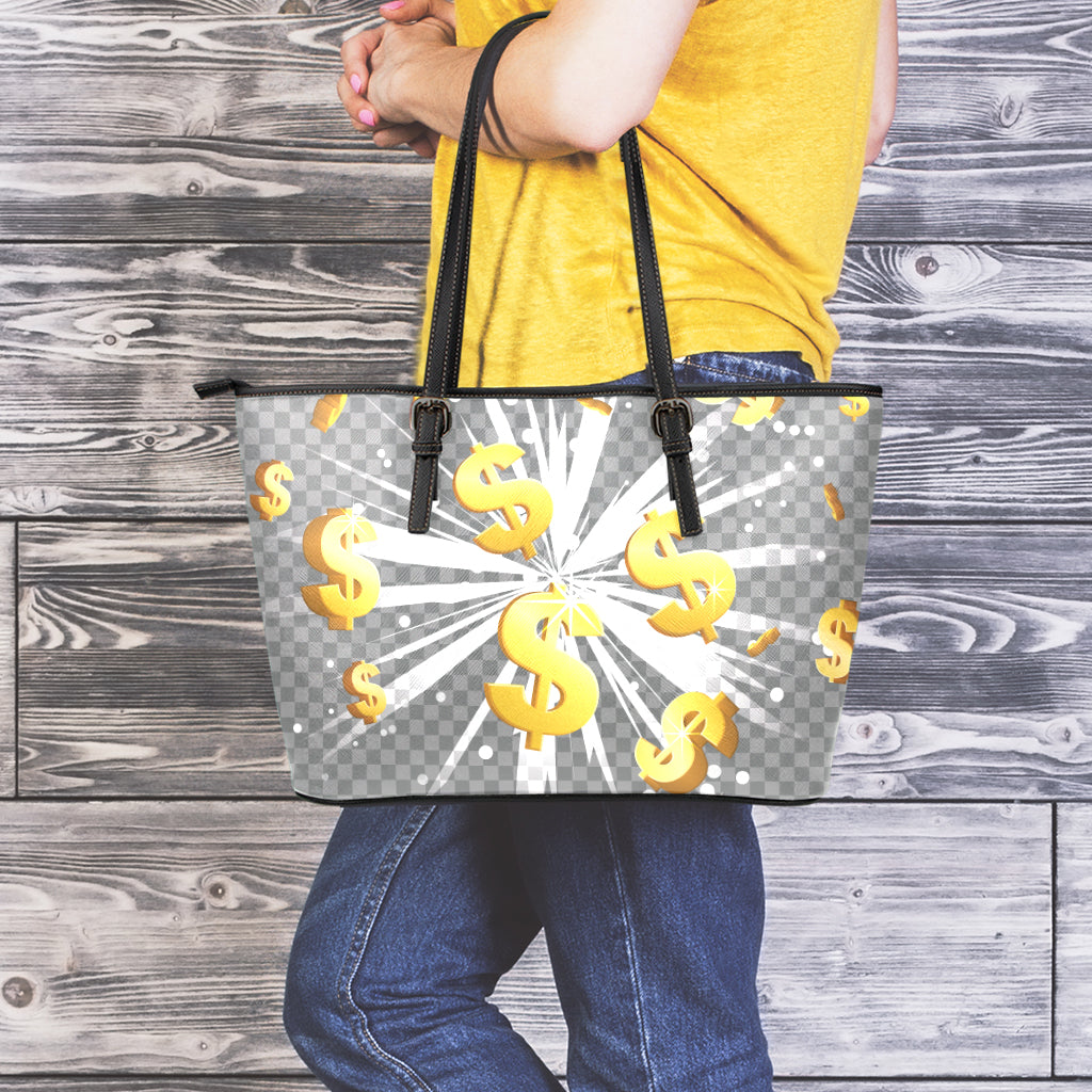 Golden Dollar Sign Explosion Print Leather Tote Bag