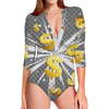 Golden Dollar Sign Explosion Print Long Sleeve Swimsuit