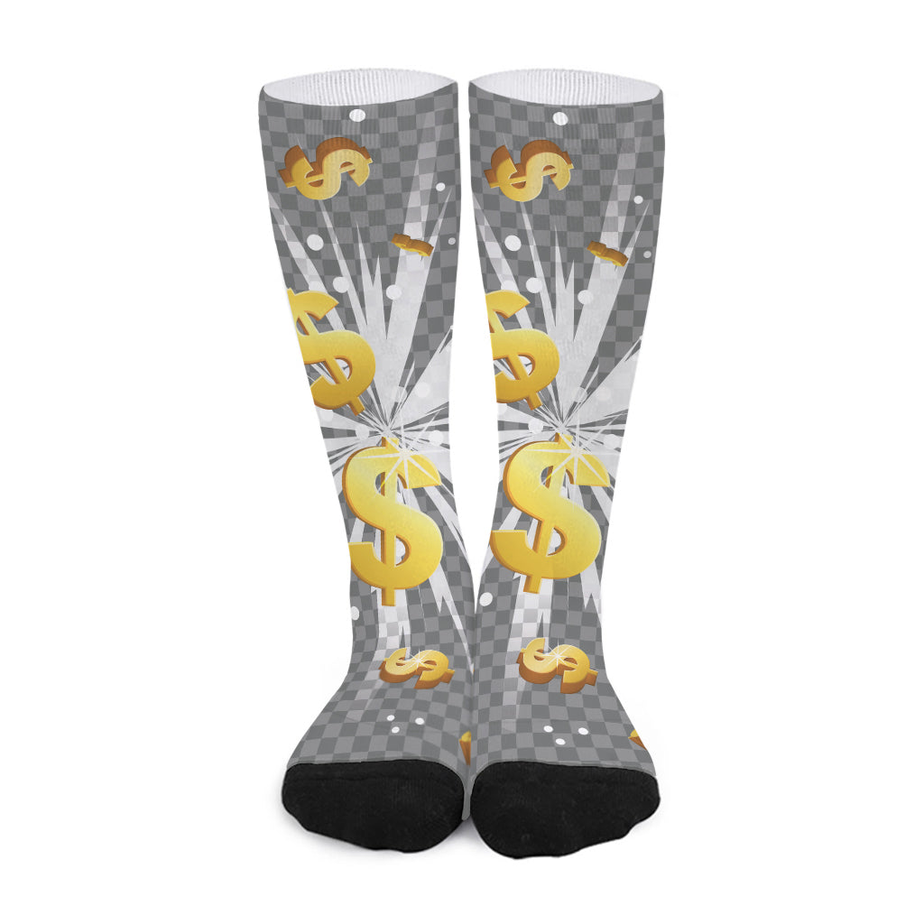 Golden Dollar Sign Explosion Print Long Socks