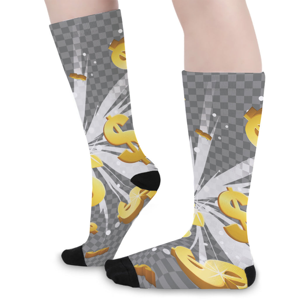 Golden Dollar Sign Explosion Print Long Socks