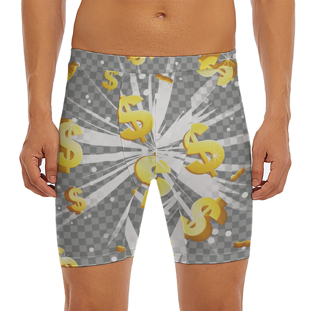 Golden Dollar Sign Explosion Print Men's Long Boxer Briefs