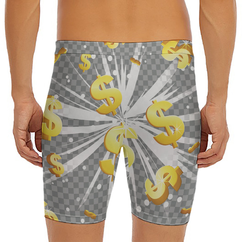 Golden Dollar Sign Explosion Print Men's Long Boxer Briefs