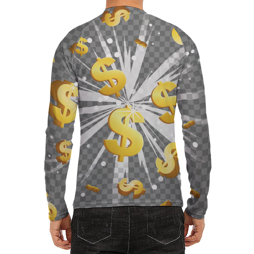 Golden Dollar Sign Explosion Print Men's Long Sleeve Rash Guard