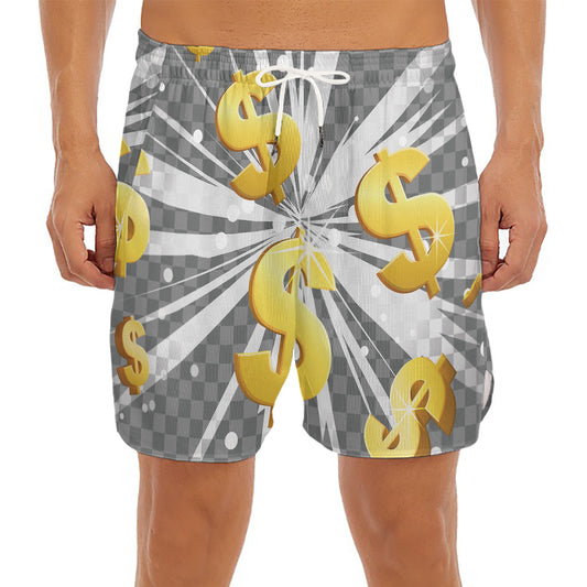 Golden Dollar Sign Explosion Print Men's Split Running Shorts