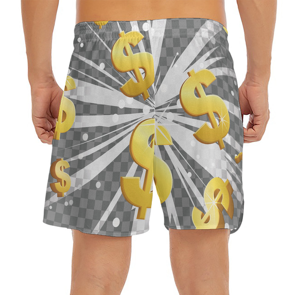 Golden Dollar Sign Explosion Print Men's Split Running Shorts