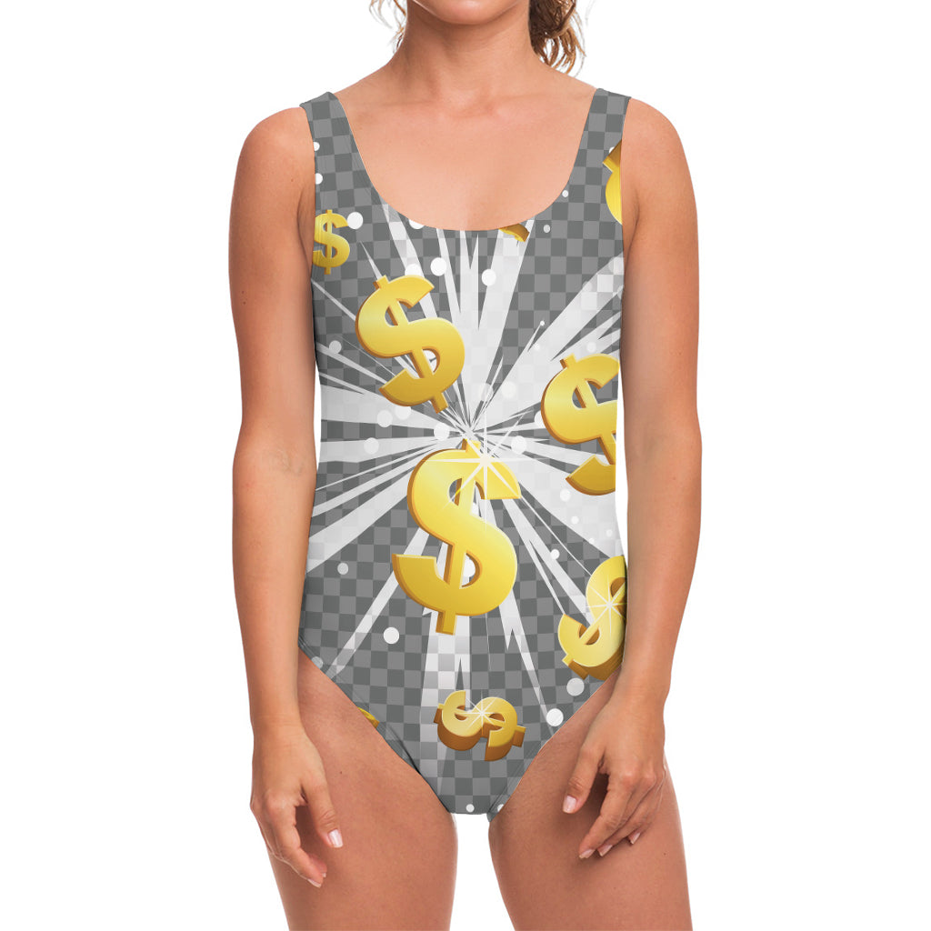 Golden Dollar Sign Explosion Print One Piece Swimsuit